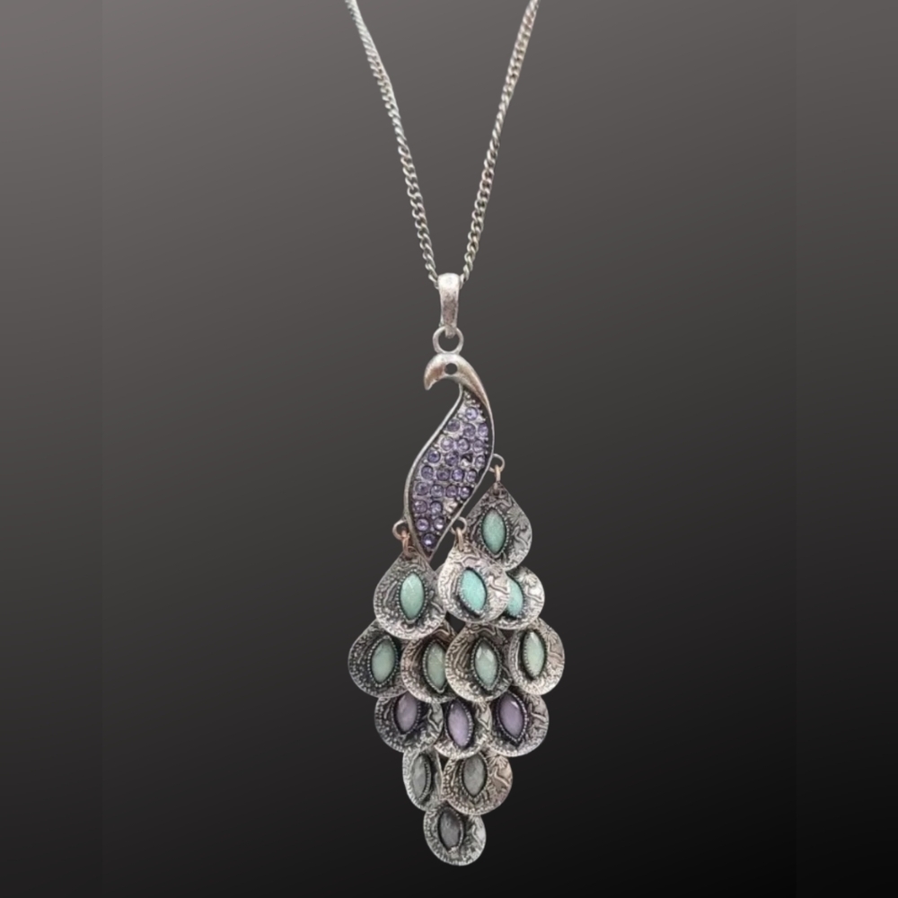 Elegant Silver and Purple Peacock Pendant Necklace
